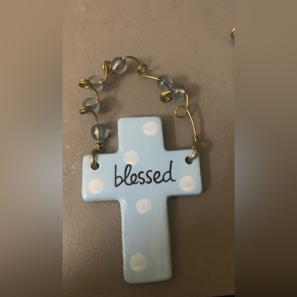 SILVESTRI HAND CRAFTED CERAMIC CROSS ORNAMENT:signed byartist-Baby Blue(blessed)